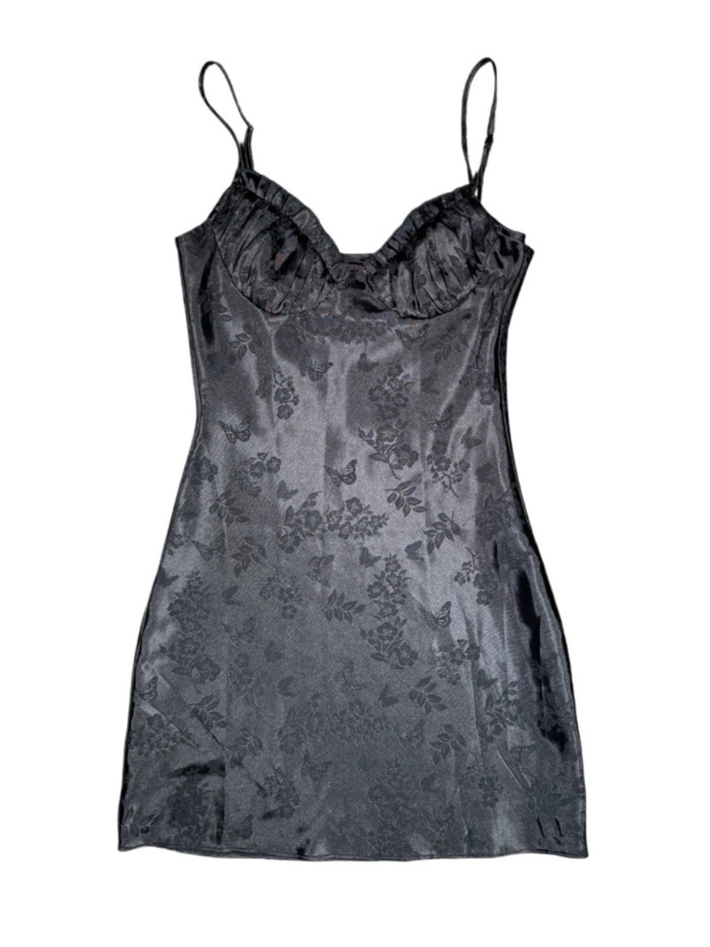 90s Vintage Black Satin Floral Butterfly Mini Dress - Picture 3 of 5